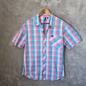 RVCA Men's Large Pink Blue White Grid Windowpane Western Style Shirt